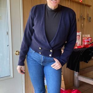 Vintage Charter Club Navy 100% Wool Double Breasted Crossover Deep V Cardigan